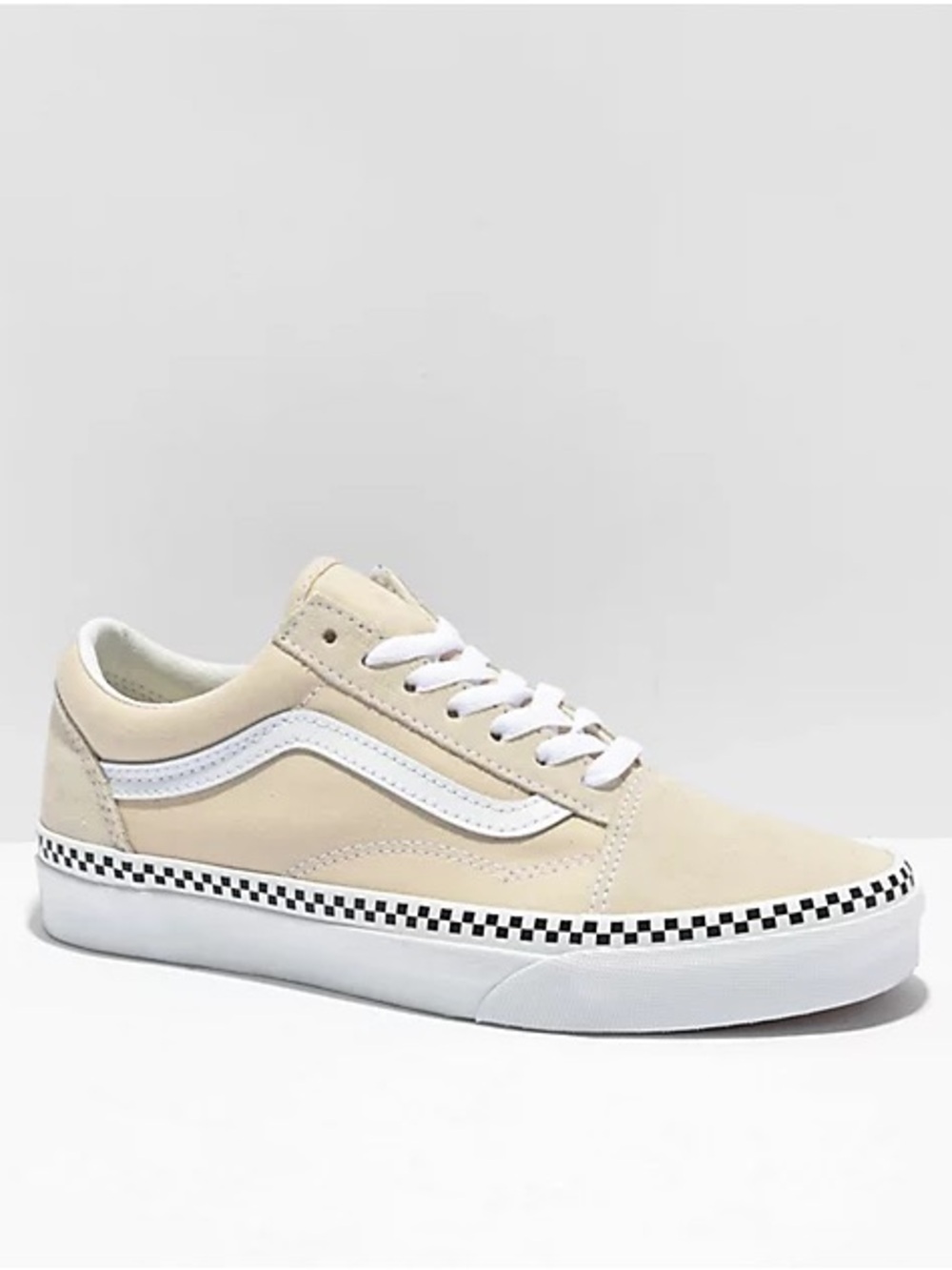 Vans Beige Low-Top Sneakers with White Stripe and Checkerboard Trim